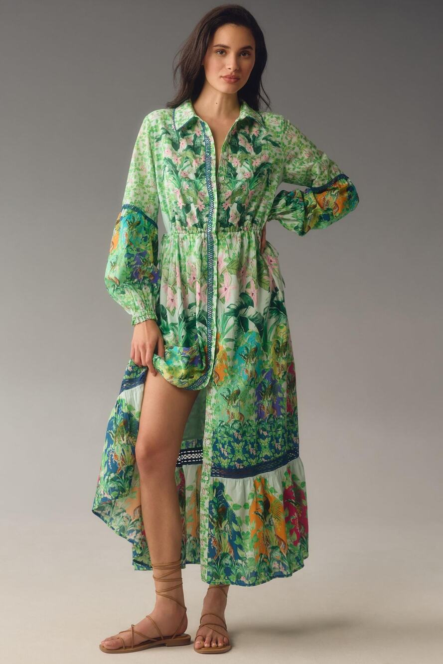 Anthropologie The Eleanora Long-Sleeve Maxi Shirt Dress Floral Size L